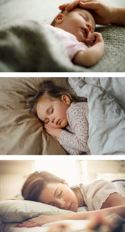 Compilatie van drie afbeeldingen waarvan eentje van een slapende baby, eentje een slapend kind en eentje een slapende volwassene